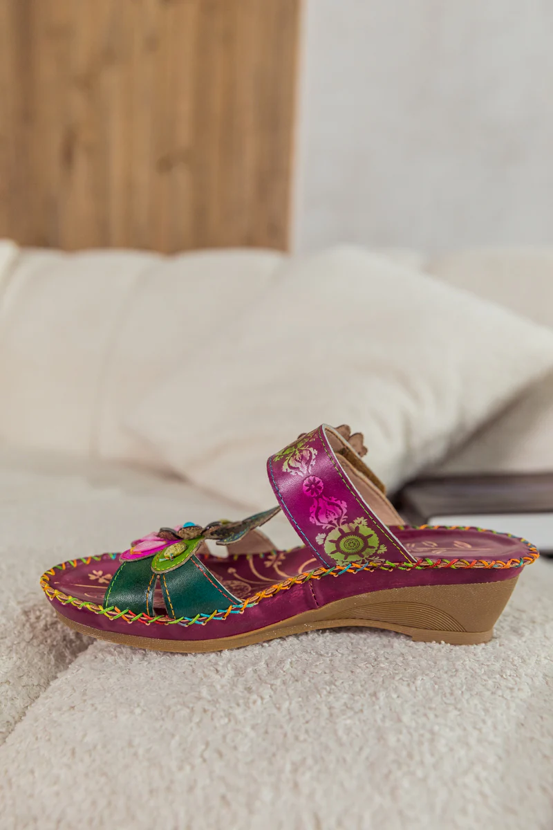 SOFFIA | Blossom Appliqued Genuine Leather Sandal Plum - Image 4