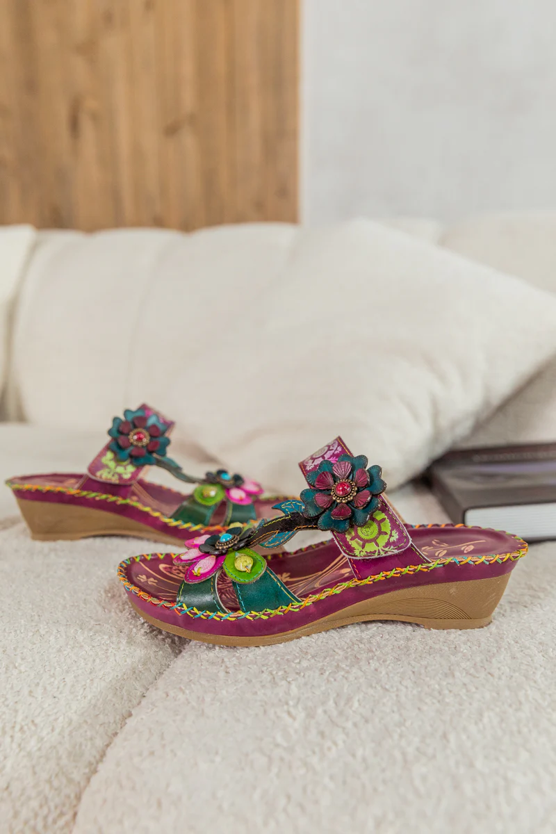 SOFFIA | Blossom Appliqued Genuine Leather Sandal Plum - Image 5