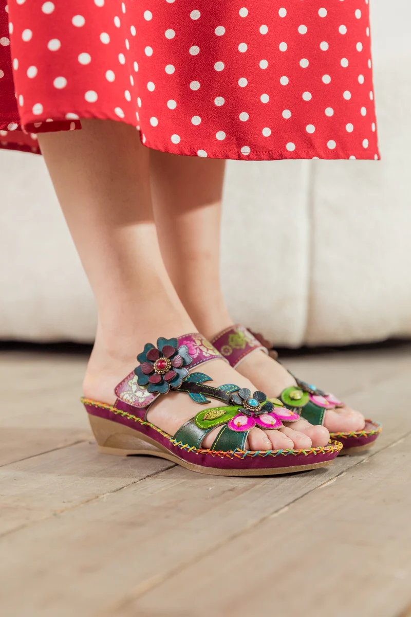 SOFFIA | Blossom Appliqued Genuine Leather Sandal Plum - Image 6