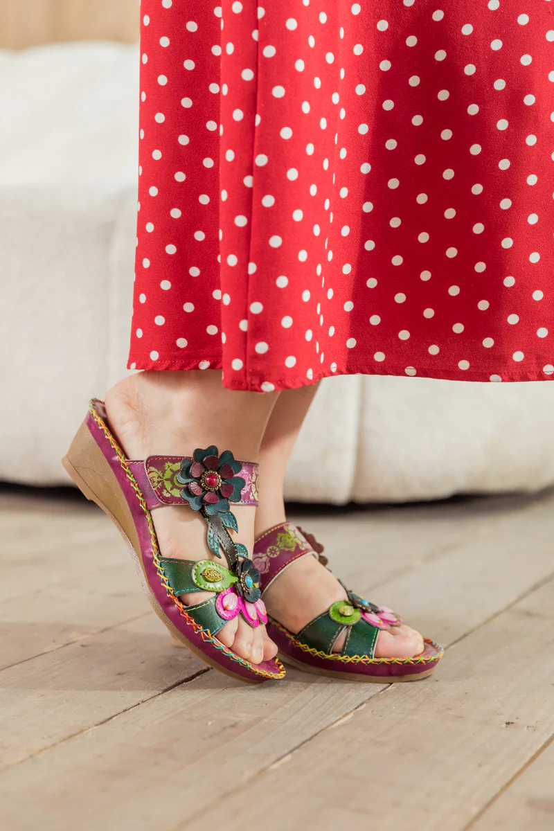 SOFFIA | Blossom Appliqued Genuine Leather Sandal Plum - Image 7