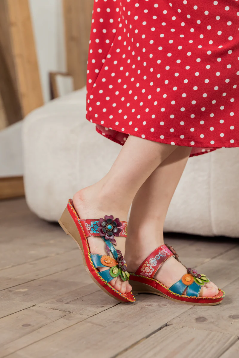 SOFFIA | Blossom Appliqued Genuine Leather Sandal Red - Image 3