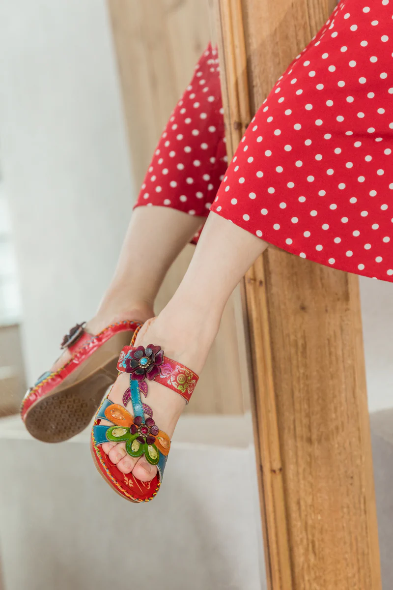 SOFFIA | Blossom Appliqued Genuine Leather Sandal Red - Image 4