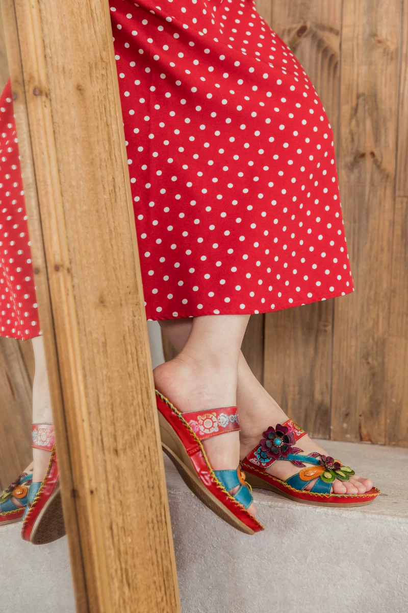 SOFFIA | Blossom Appliqued Genuine Leather Sandal Red - Image 5