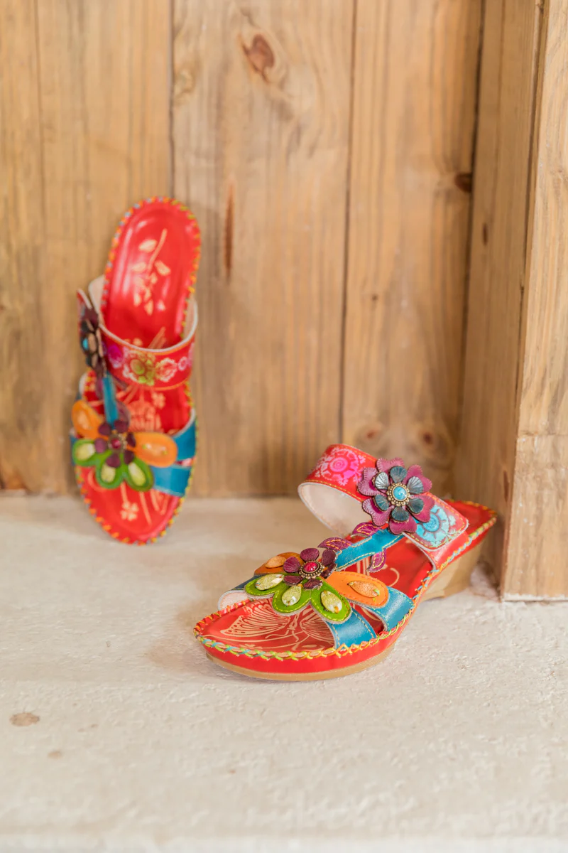 SOFFIA | Blossom Appliqued Genuine Leather Sandal Red - Image 7