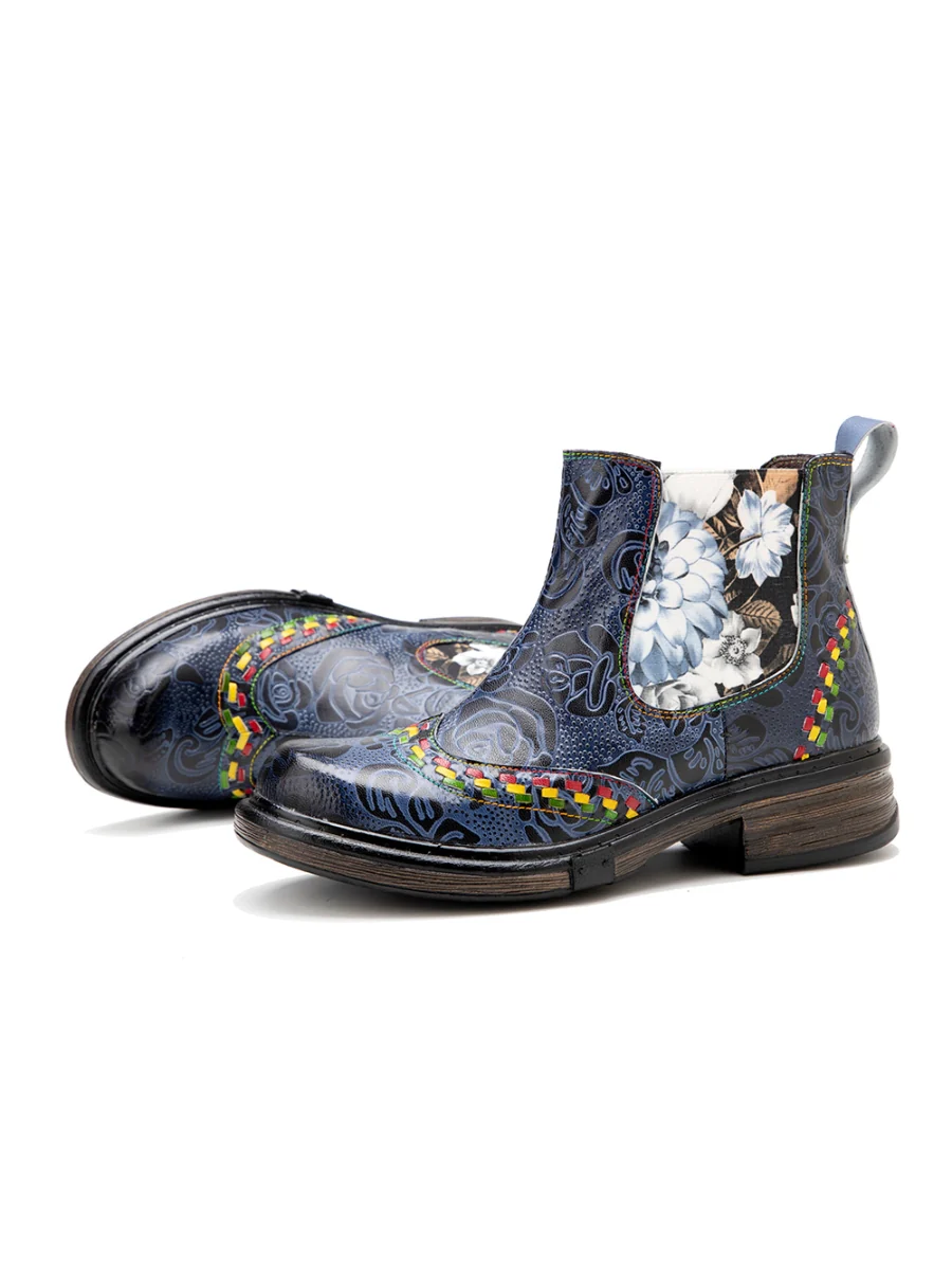 SOFFIA | Genuine Leather Blue Chrysanthemum Side Floral Embossed Leather Chelsea Ankle Boots - Image 10