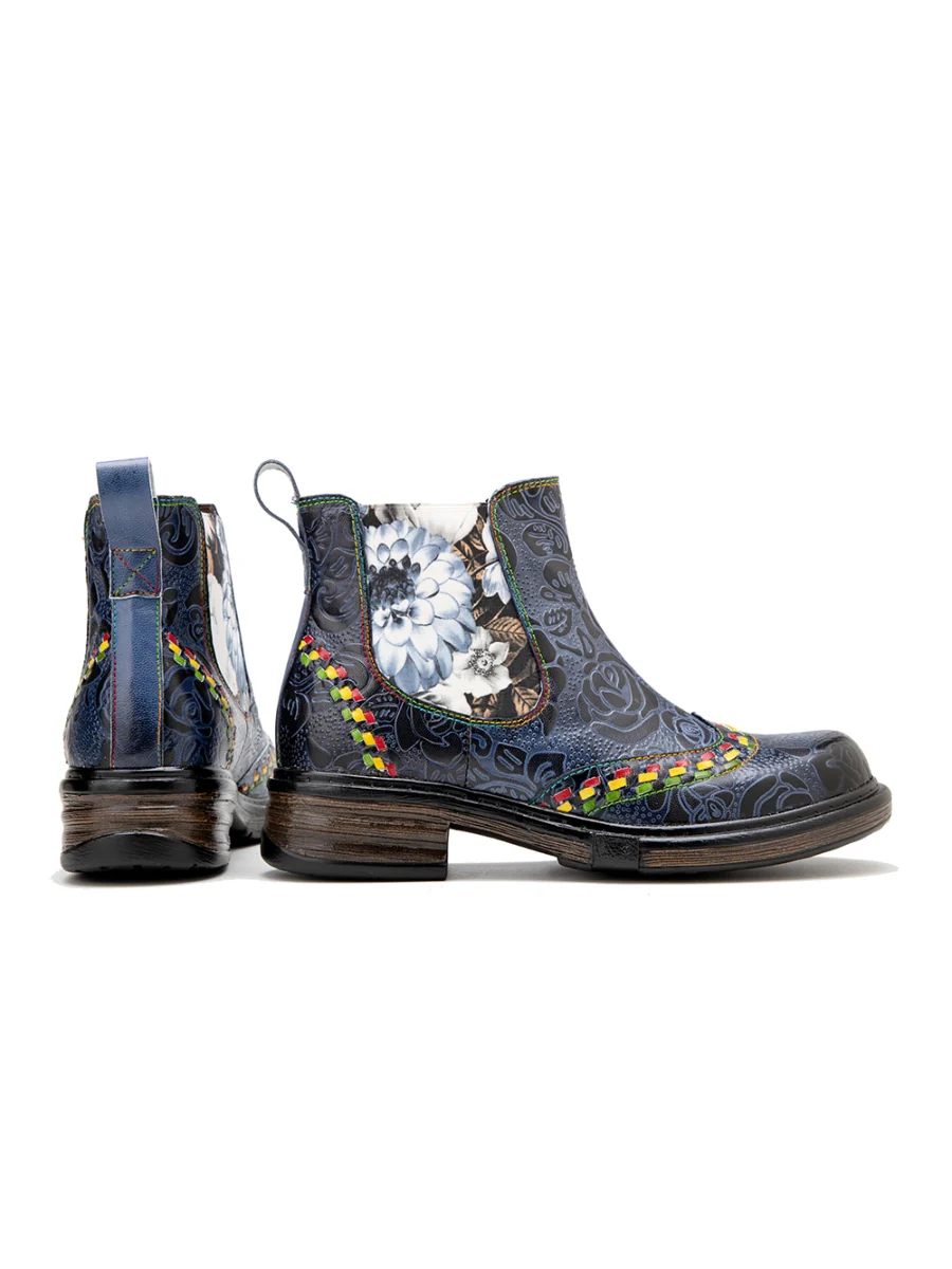 SOFFIA | Genuine Leather Blue Chrysanthemum Side Floral Embossed Leather Chelsea Ankle Boots - Image 11
