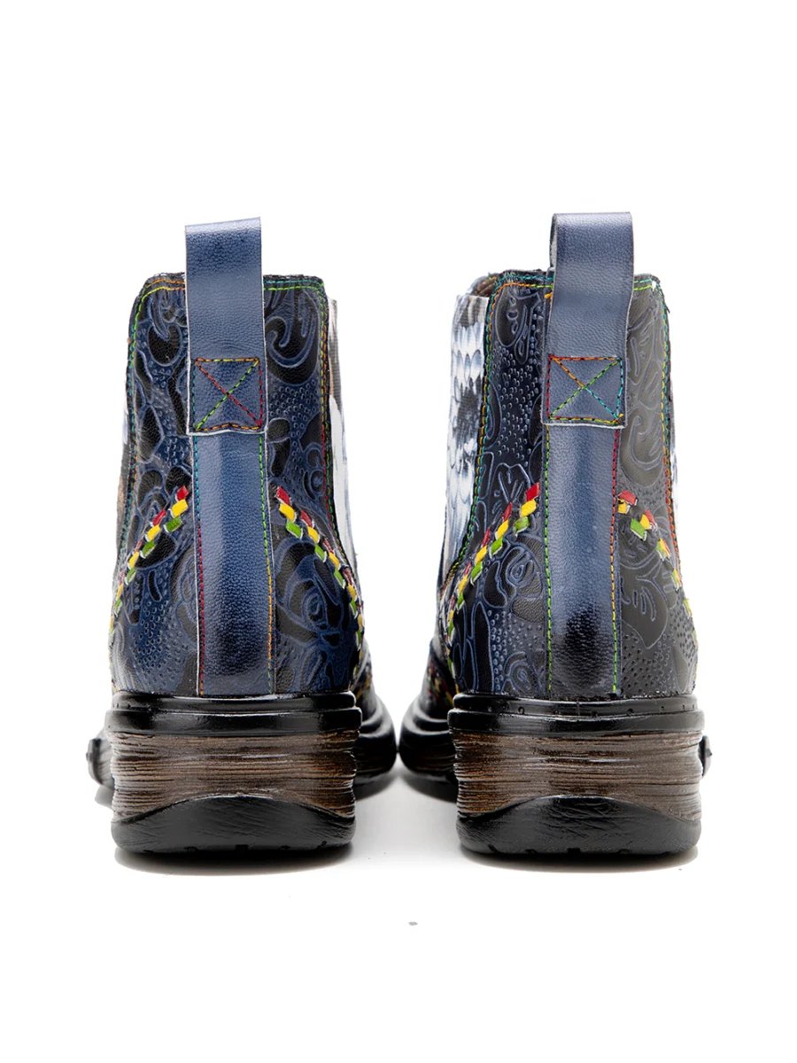 SOFFIA | Genuine Leather Blue Chrysanthemum Side Floral Embossed Leather Chelsea Ankle Boots - Image 12