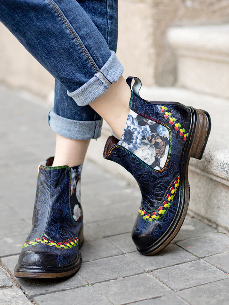 SOFFIA | Genuine Leather Blue Chrysanthemum Side Floral Embossed Leather Chelsea Ankle Boots - Image 2