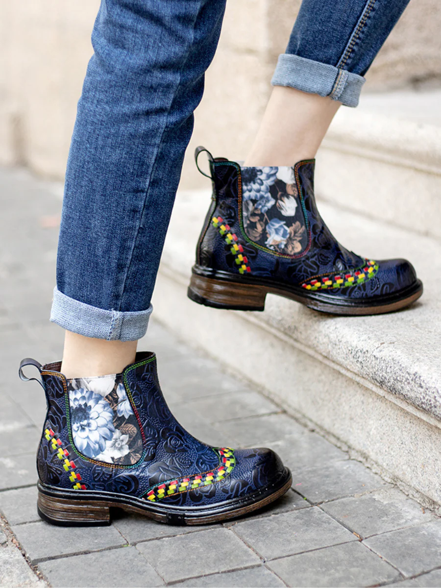SOFFIA | Genuine Leather Blue Chrysanthemum Side Floral Embossed Leather Chelsea Ankle Boots - Image 3