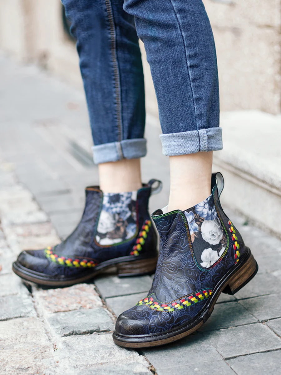 SOFFIA | Genuine Leather Blue Chrysanthemum Side Floral Embossed Leather Chelsea Ankle Boots - Image 4