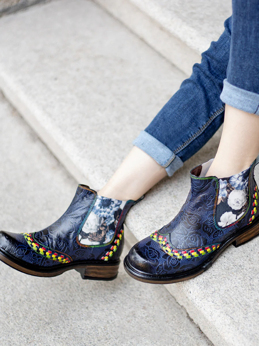 SOFFIA | Genuine Leather Blue Chrysanthemum Side Floral Embossed Leather Chelsea Ankle Boots - Image 5