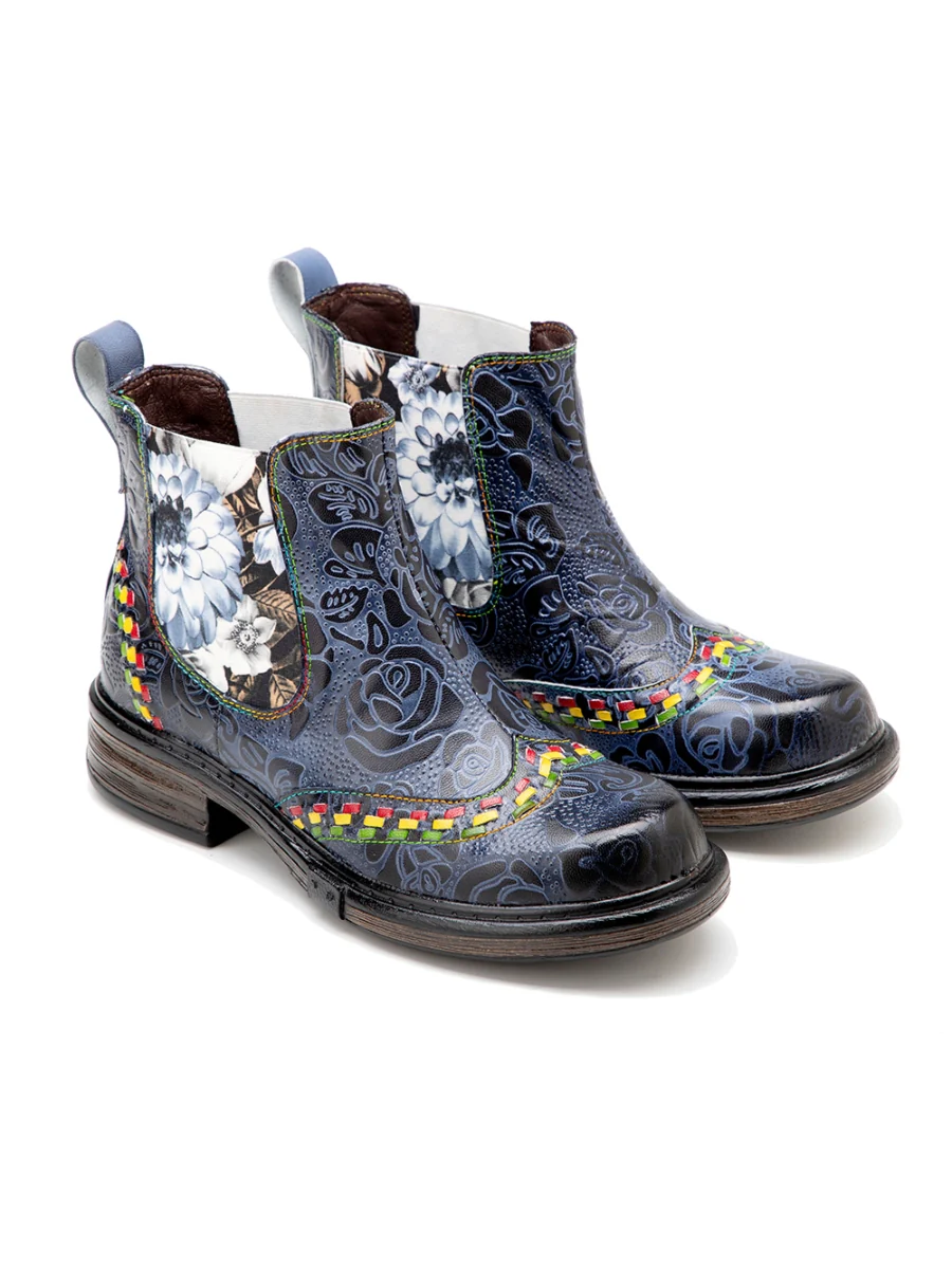 SOFFIA | Genuine Leather Blue Chrysanthemum Side Floral Embossed Leather Chelsea Ankle Boots - Image 6