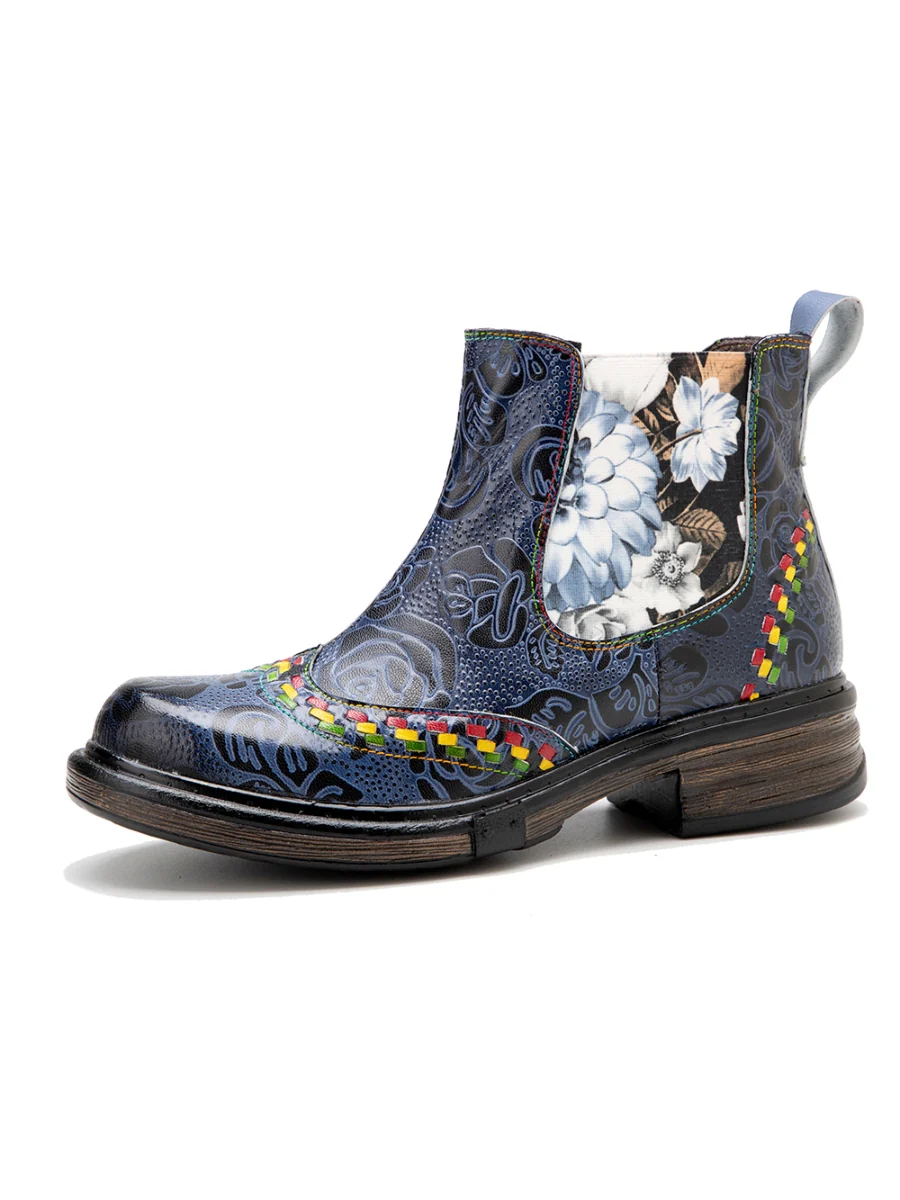 SOFFIA | Genuine Leather Blue Chrysanthemum Side Floral Embossed Leather Chelsea Ankle Boots - Image 7