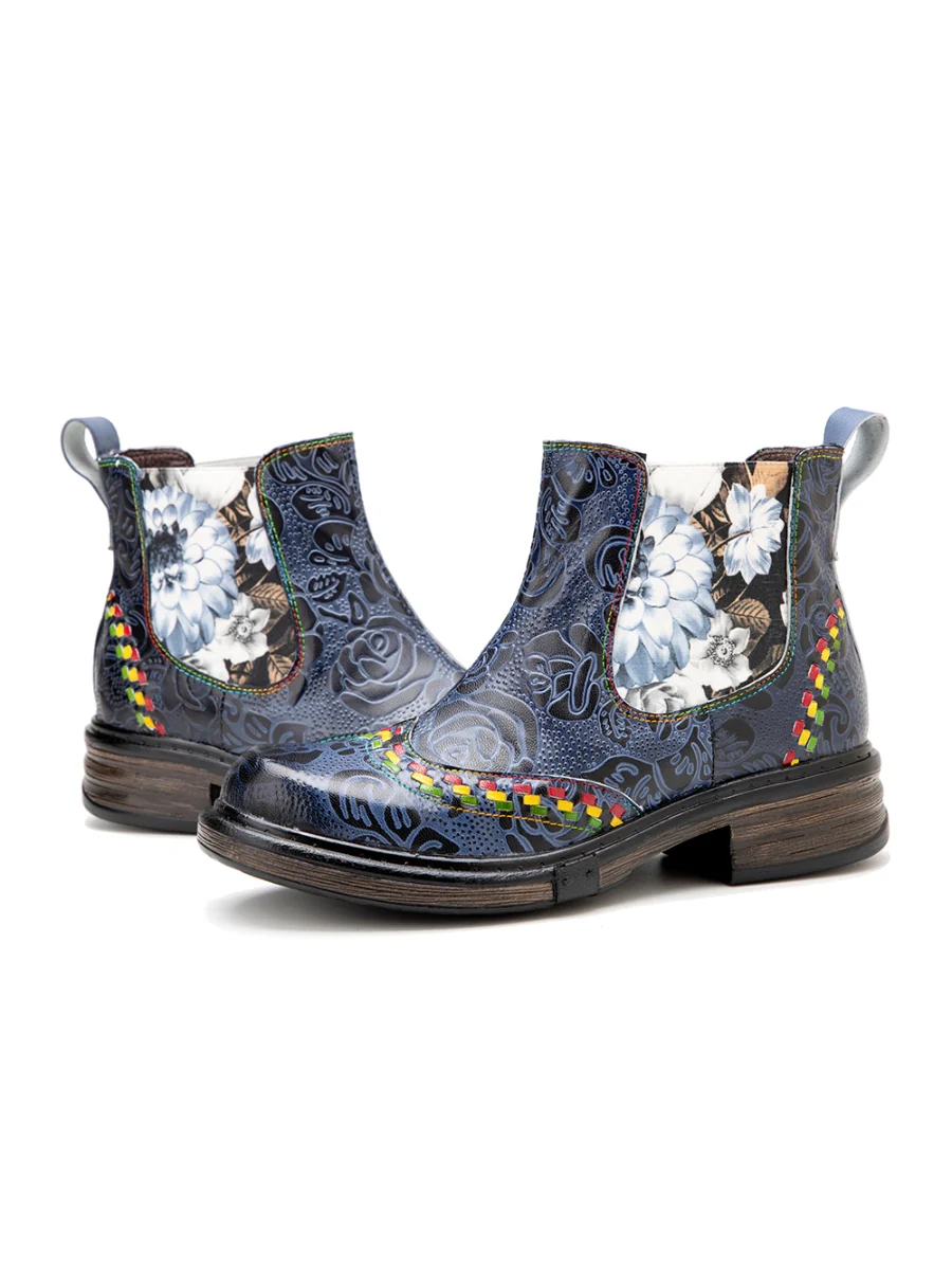 SOFFIA | Genuine Leather Blue Chrysanthemum Side Floral Embossed Leather Chelsea Ankle Boots - Image 8
