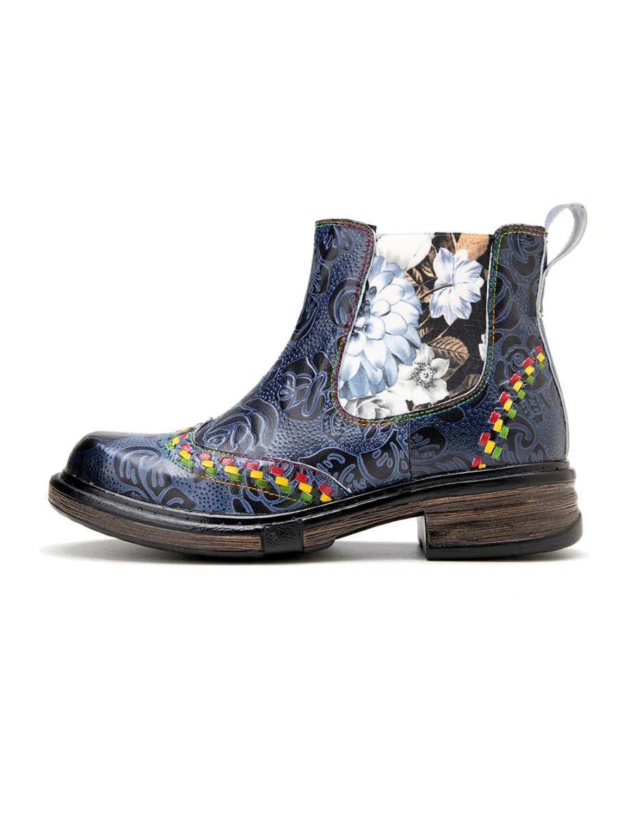 SOFFIA | Genuine Leather Blue Chrysanthemum Side Floral Embossed Leather Chelsea Ankle Boots - Image 9