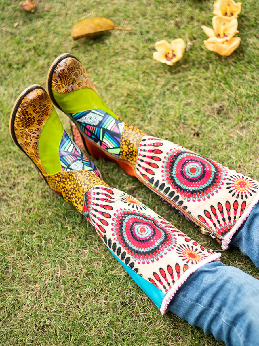 Soffia | Ethnic Floral Tie-Accent Leather Vintage Knee High Boots - Image 3