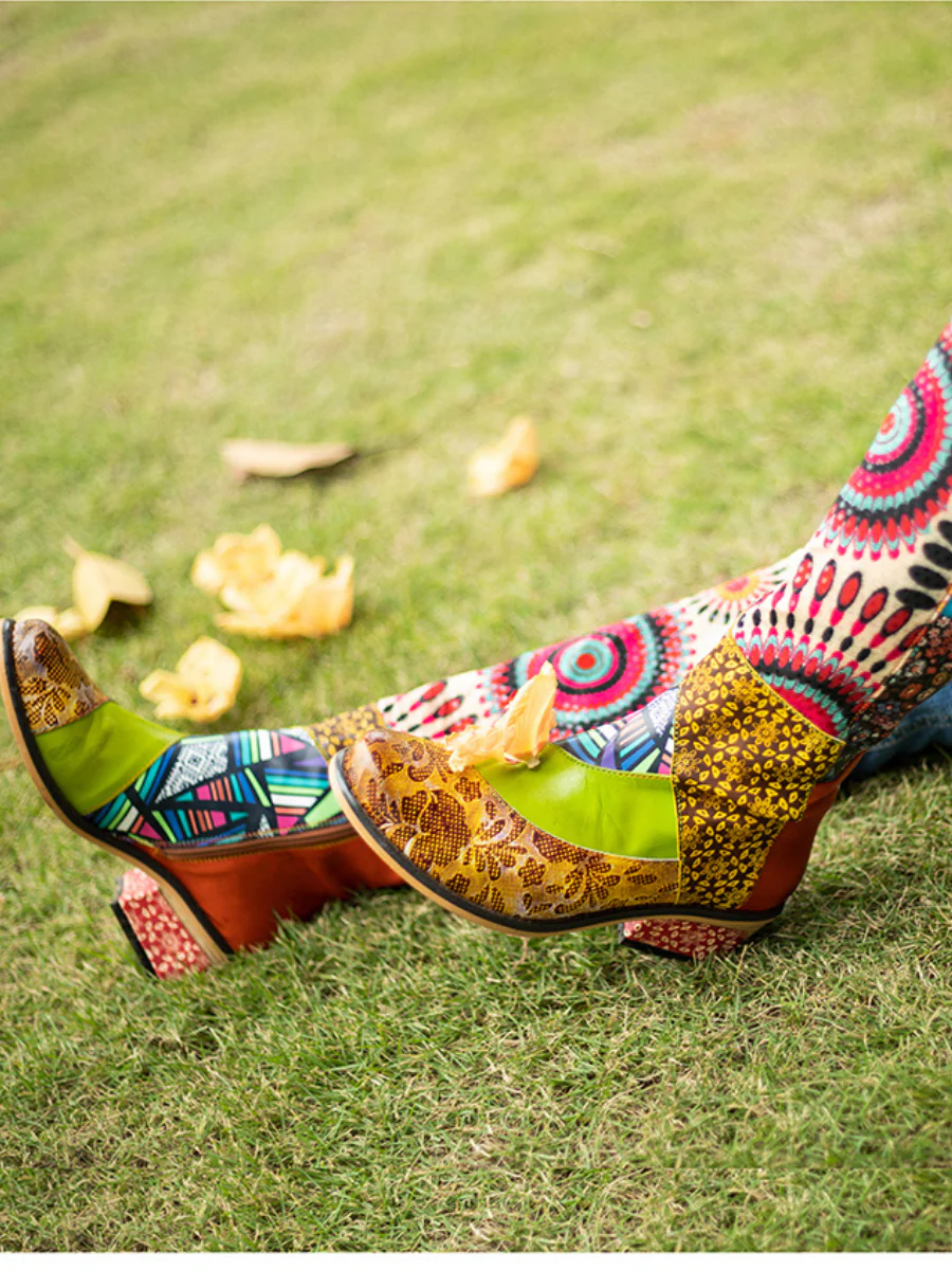 Soffia | Ethnic Floral Tie-Accent Leather Vintage Knee High Boots - Image 4