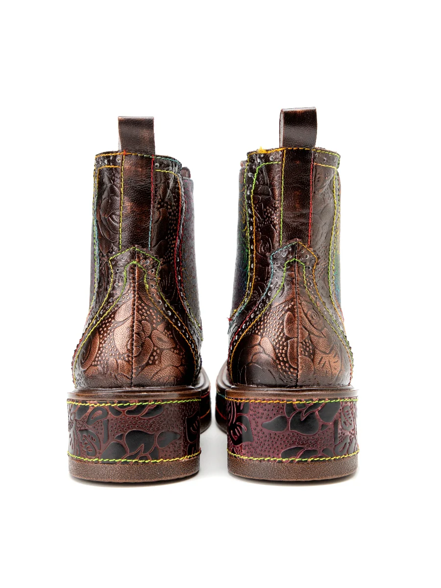 SOFFIA | Genuine Leather Bronze Rose Embossed Flat Chelsea Boots - Image 10