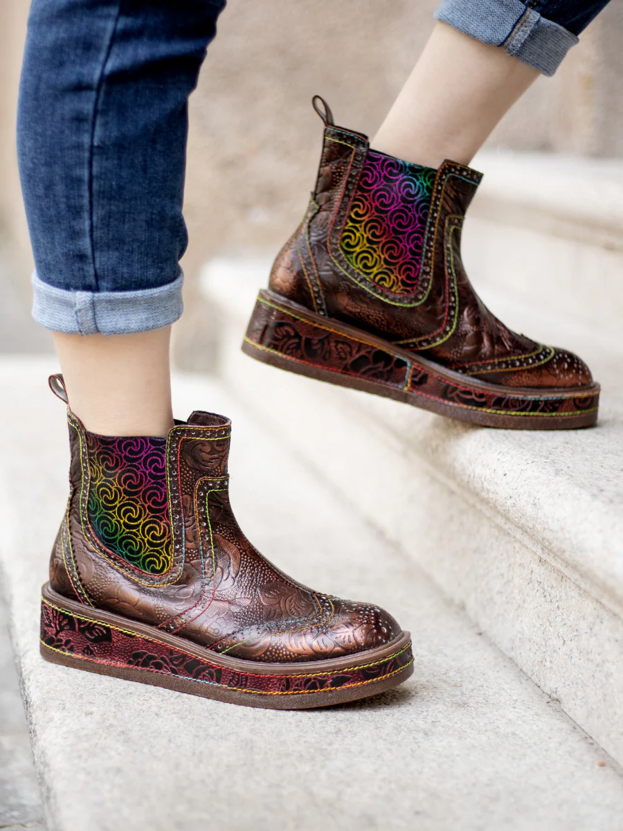 SOFFIA | Genuine Leather Bronze Rose Embossed Flat Chelsea Boots - Image 3