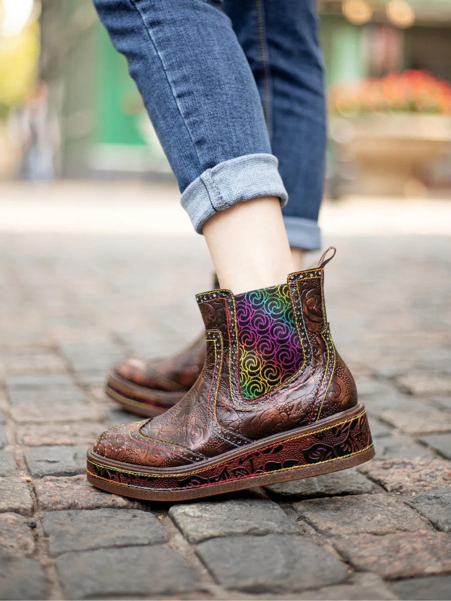 SOFFIA | Genuine Leather Bronze Rose Embossed Flat Chelsea Boots - Image 4
