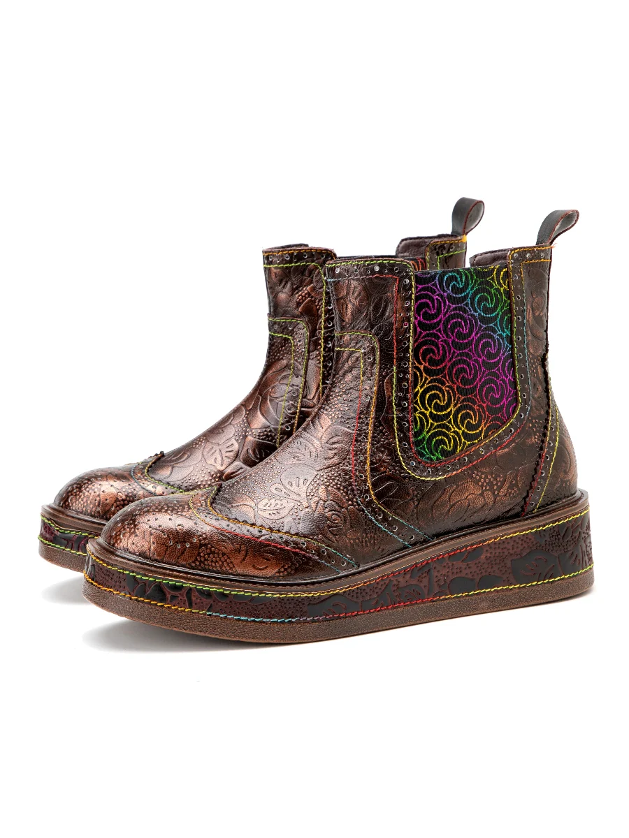 SOFFIA | Genuine Leather Bronze Rose Embossed Flat Chelsea Boots - Image 5