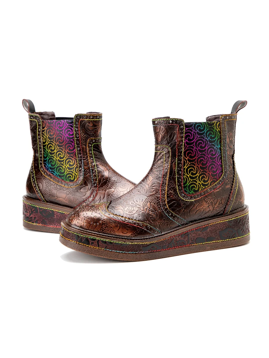 SOFFIA | Genuine Leather Bronze Rose Embossed Flat Chelsea Boots - Image 6