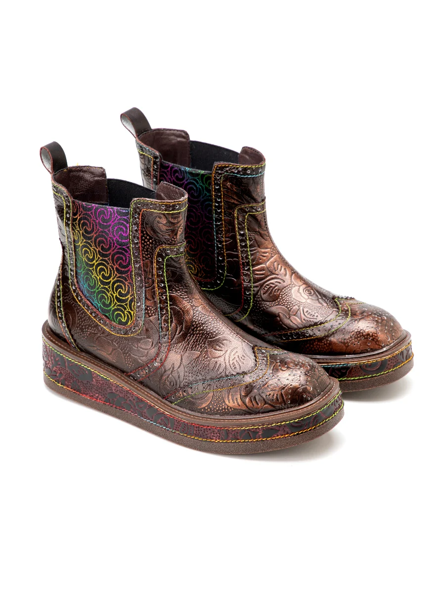 SOFFIA | Genuine Leather Bronze Rose Embossed Flat Chelsea Boots - Image 7