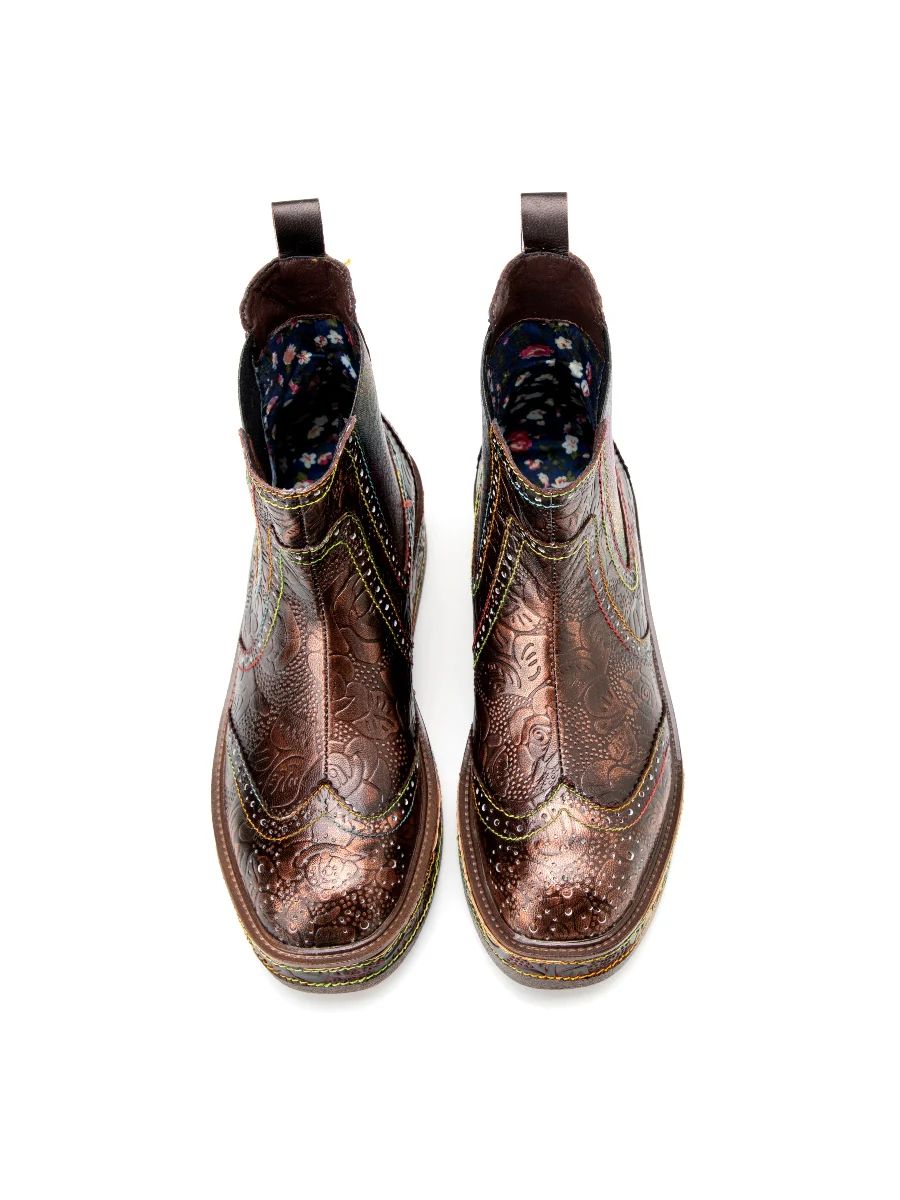 SOFFIA | Genuine Leather Bronze Rose Embossed Flat Chelsea Boots - Image 8