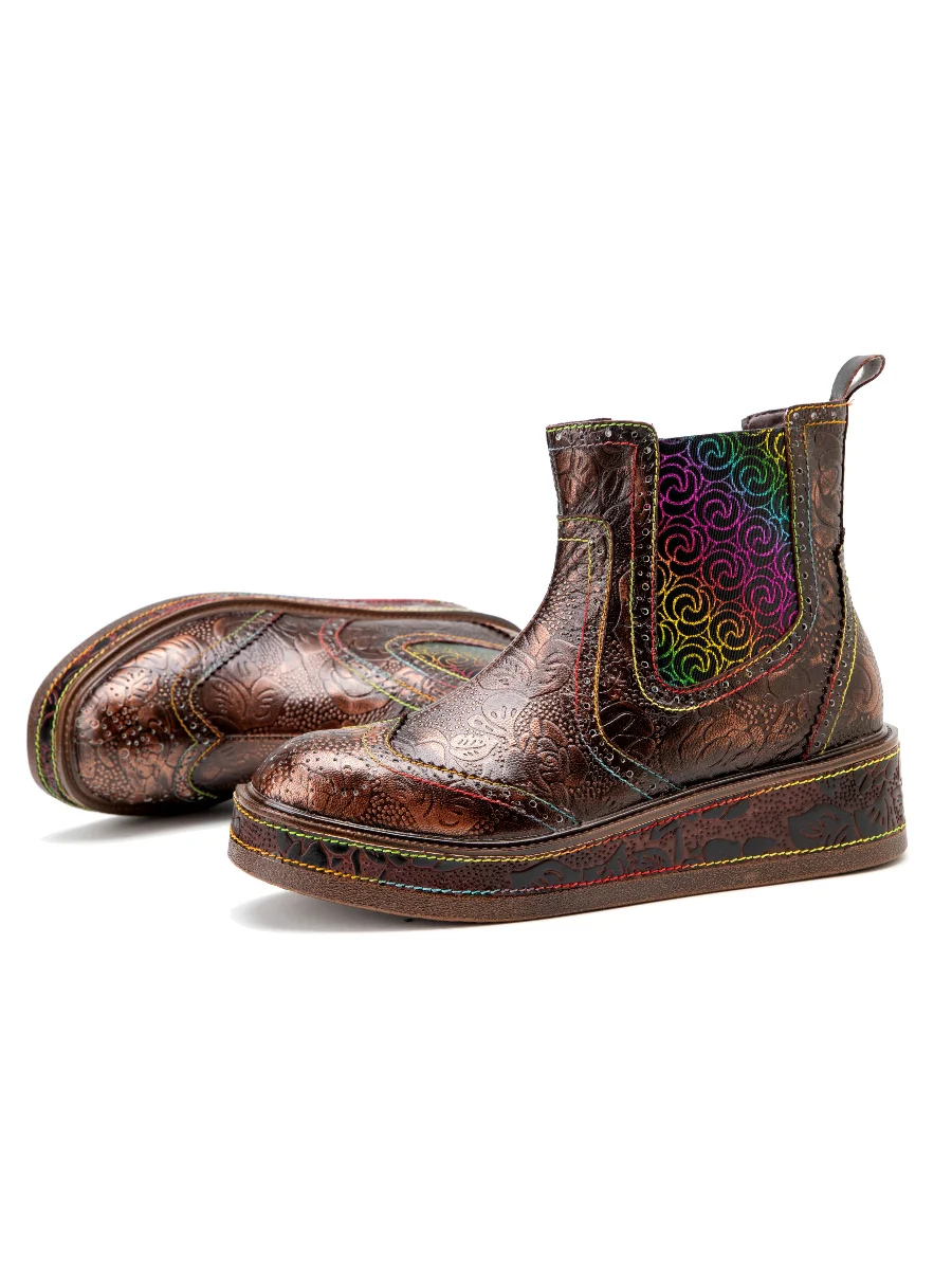 SOFFIA | Genuine Leather Bronze Rose Embossed Flat Chelsea Boots - Image 9