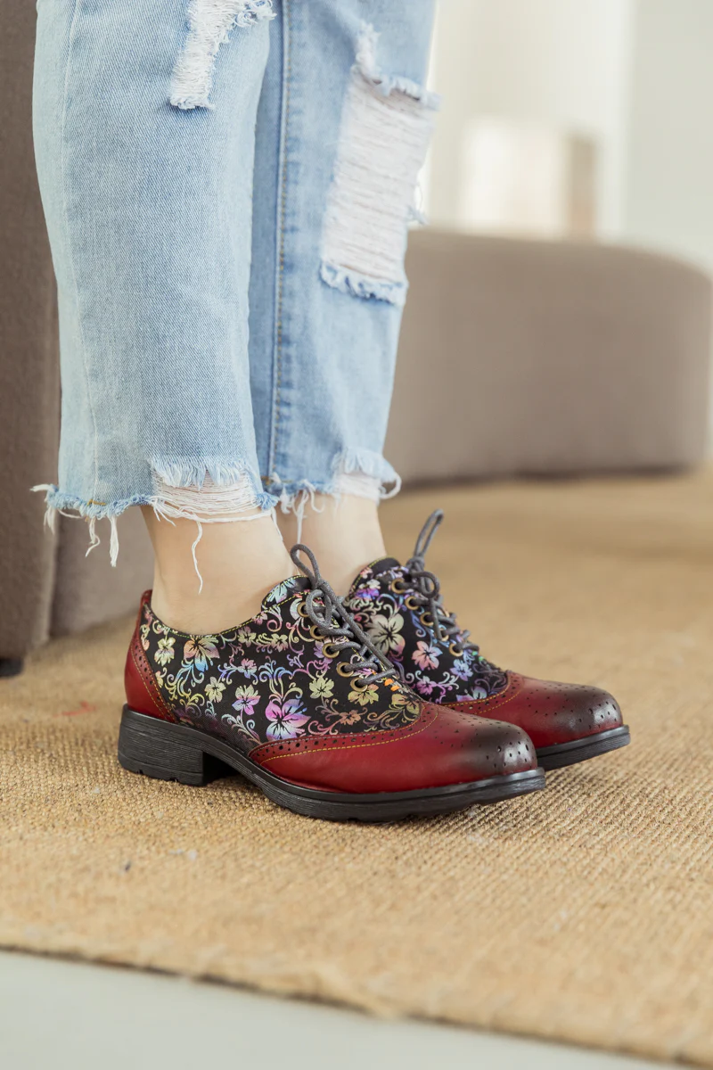 SOFFIA | Brown Floral Print Leather Brogues Oxford - Image 3