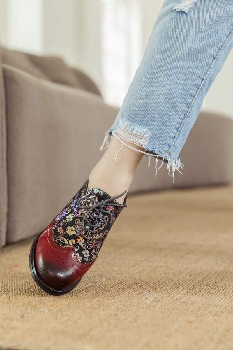 SOFFIA | Brown Floral Print Leather Brogues Oxford - Image 4