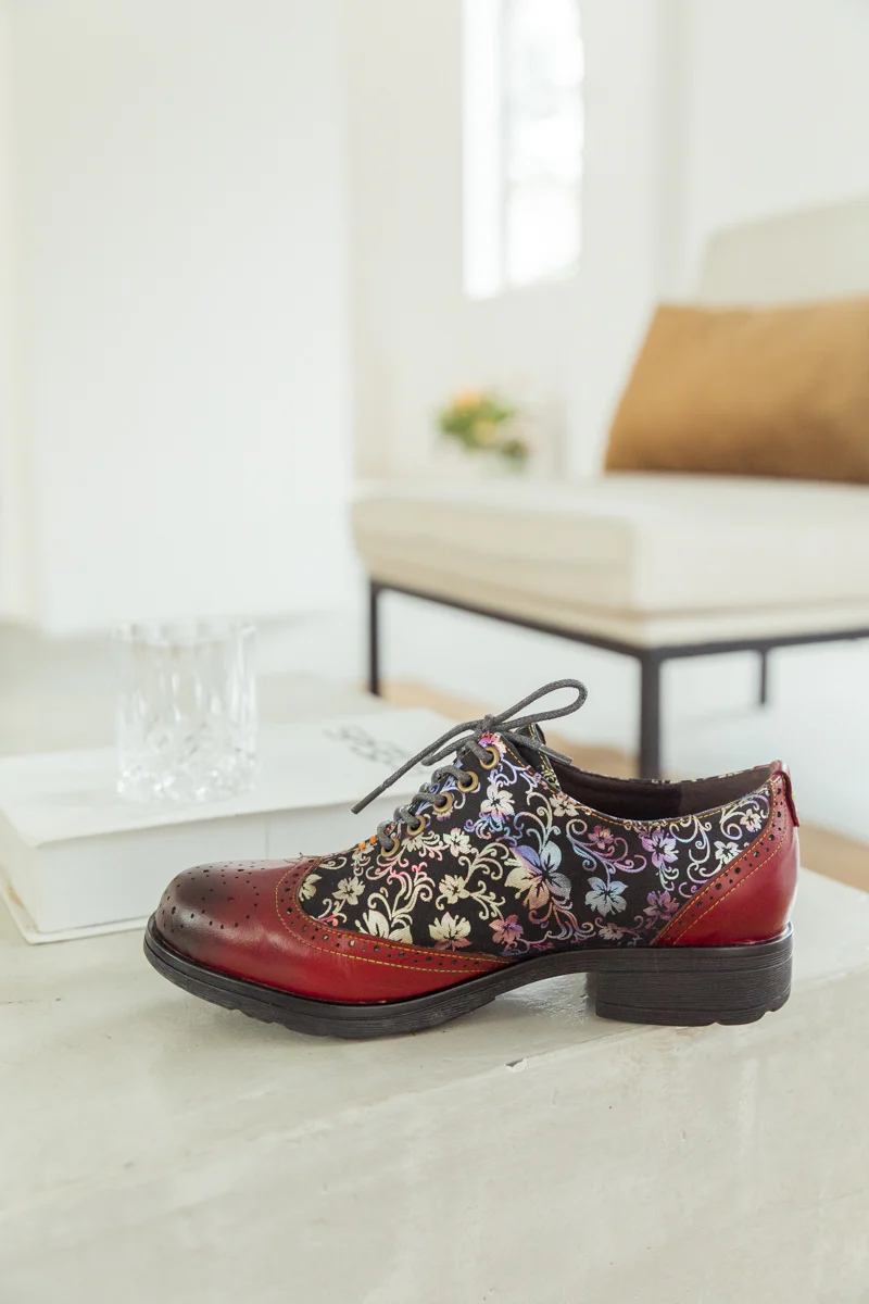 SOFFIA | Brown Floral Print Leather Brogues Oxford - Image 7