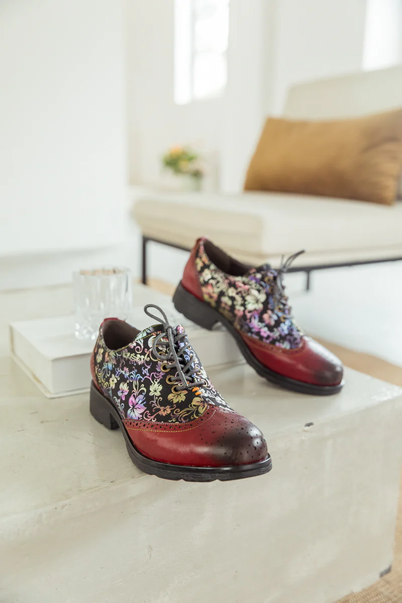 SOFFIA | Brown Floral Print Leather Brogues Oxford - Image 8