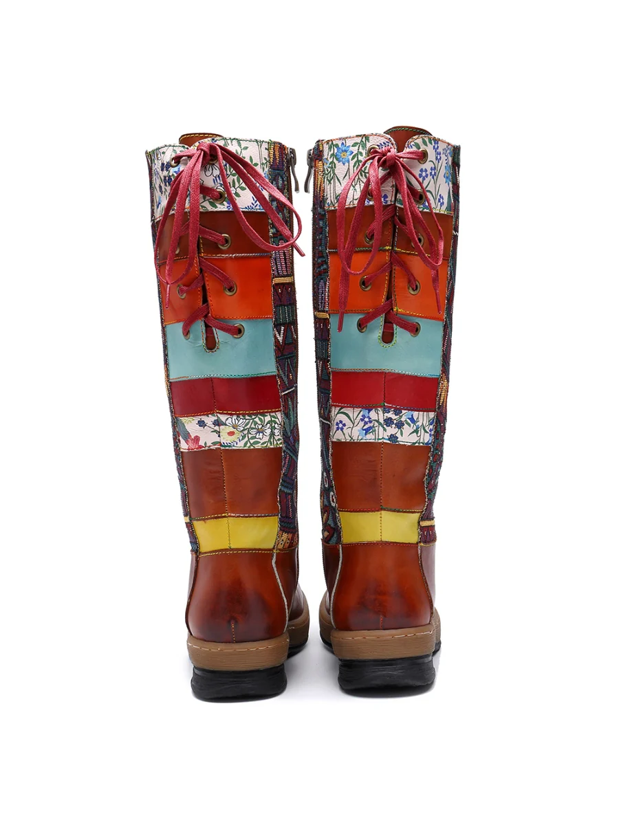 Soffia | Genuine Leather Geometric Back Lace-Up Knee Boots - Image 10