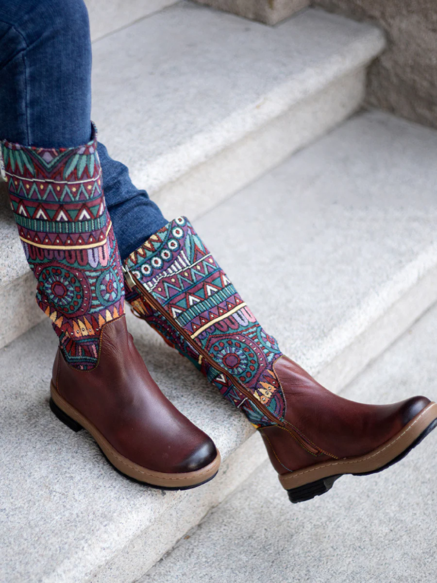 Soffia | Genuine Leather Geometric Back Lace-Up Knee Boots - Image 3