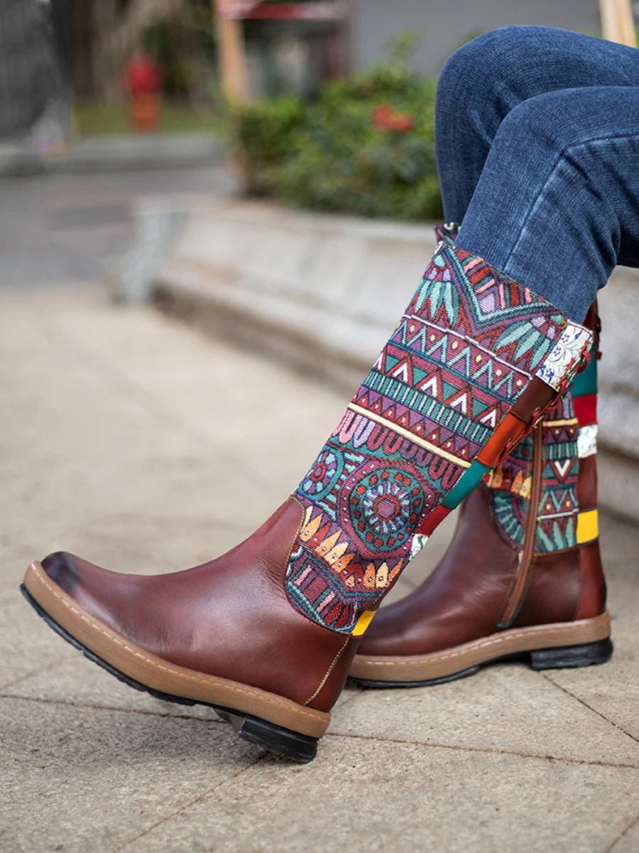 Soffia | Genuine Leather Geometric Back Lace-Up Knee Boots - Image 4