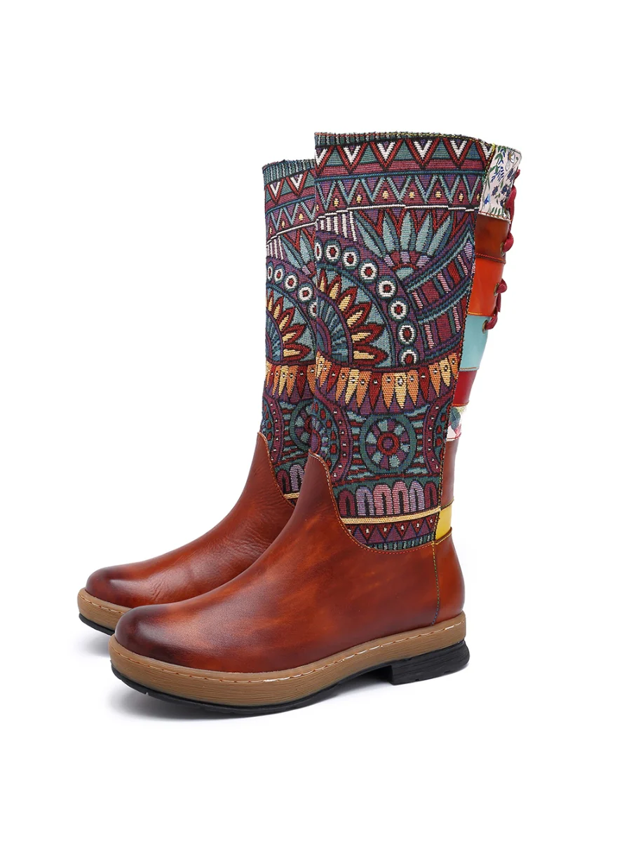Soffia | Genuine Leather Geometric Back Lace-Up Knee Boots - Image 5