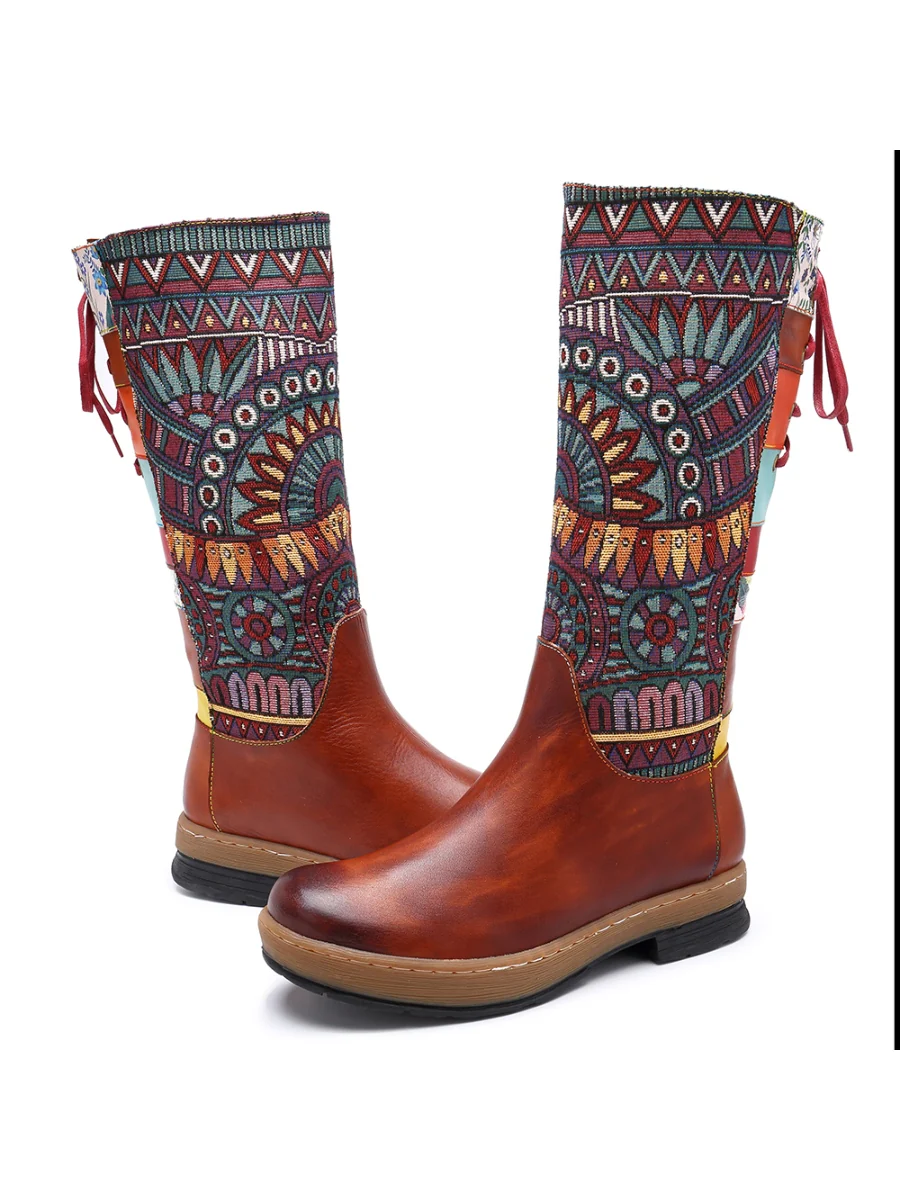 Soffia | Genuine Leather Geometric Back Lace-Up Knee Boots - Image 6
