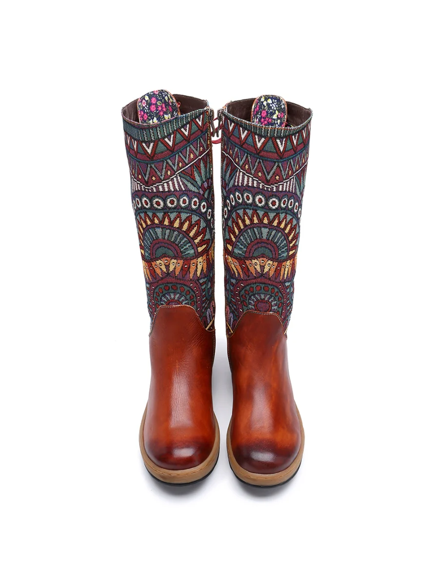 Soffia | Genuine Leather Geometric Back Lace-Up Knee Boots - Image 7