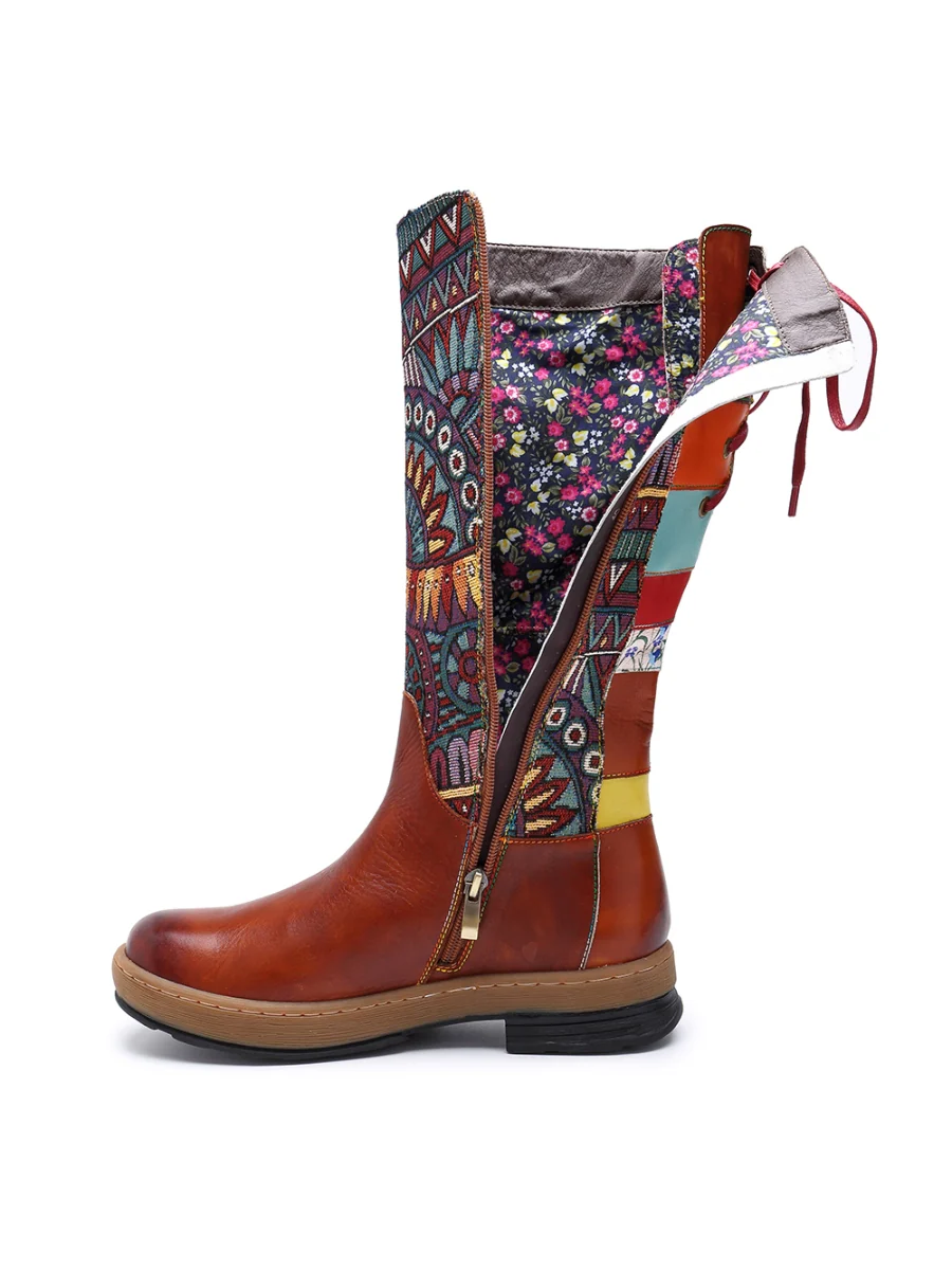 Soffia | Genuine Leather Geometric Back Lace-Up Knee Boots - Image 8