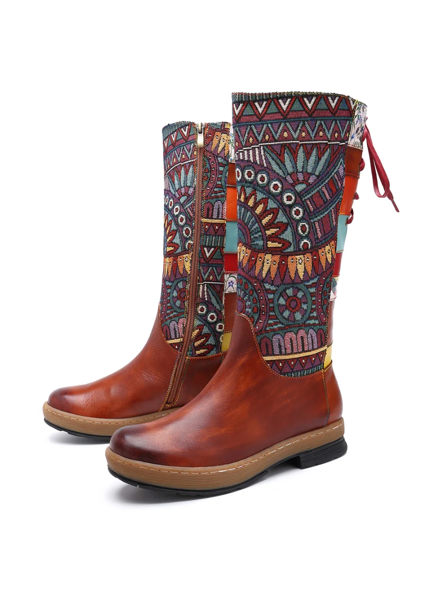 Soffia | Genuine Leather Geometric Back Lace-Up Knee Boots - Image 9