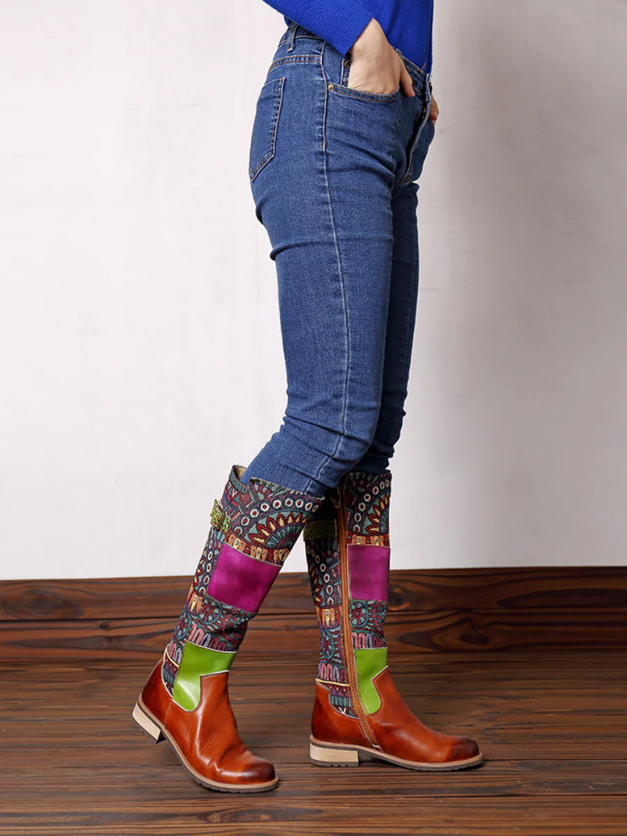 SOFFIA | BROWN GEOMETRIC PRINT LEATHER KNEE BOOTS - Image 3
