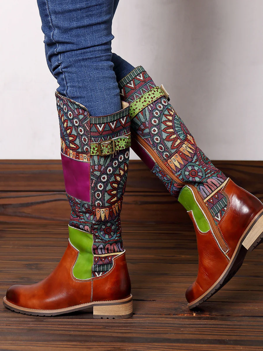 SOFFIA | BROWN GEOMETRIC PRINT LEATHER KNEE BOOTS - Image 4