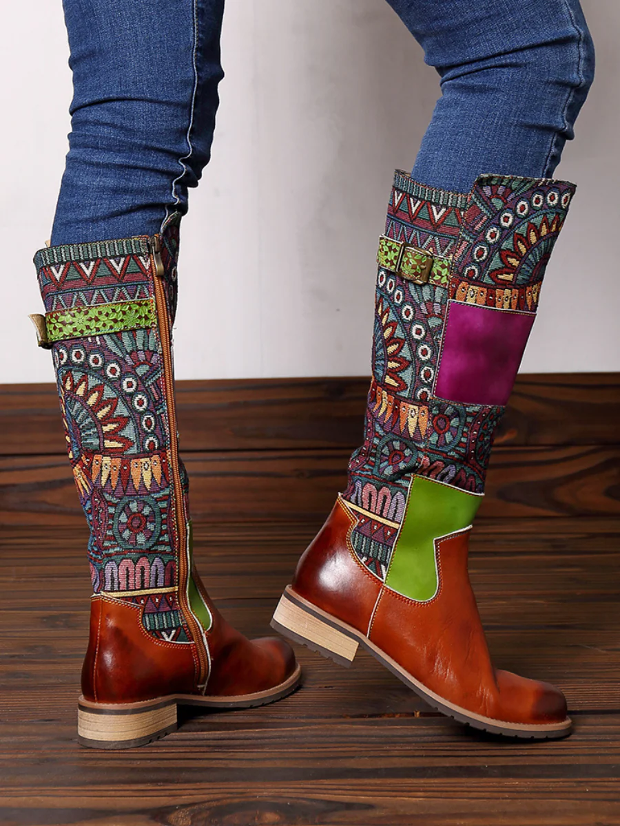 SOFFIA | BROWN GEOMETRIC PRINT LEATHER KNEE BOOTS - Image 5