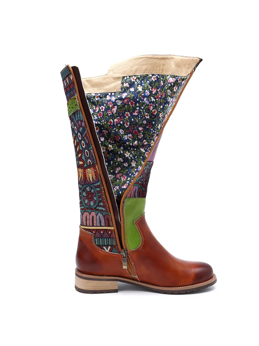 SOFFIA | BROWN GEOMETRIC PRINT LEATHER KNEE BOOTS - Image 6