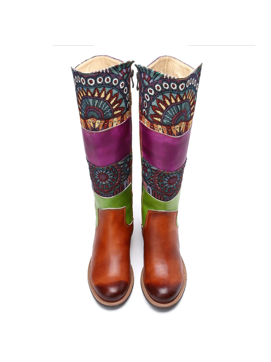 SOFFIA | BROWN GEOMETRIC PRINT LEATHER KNEE BOOTS - Image 7