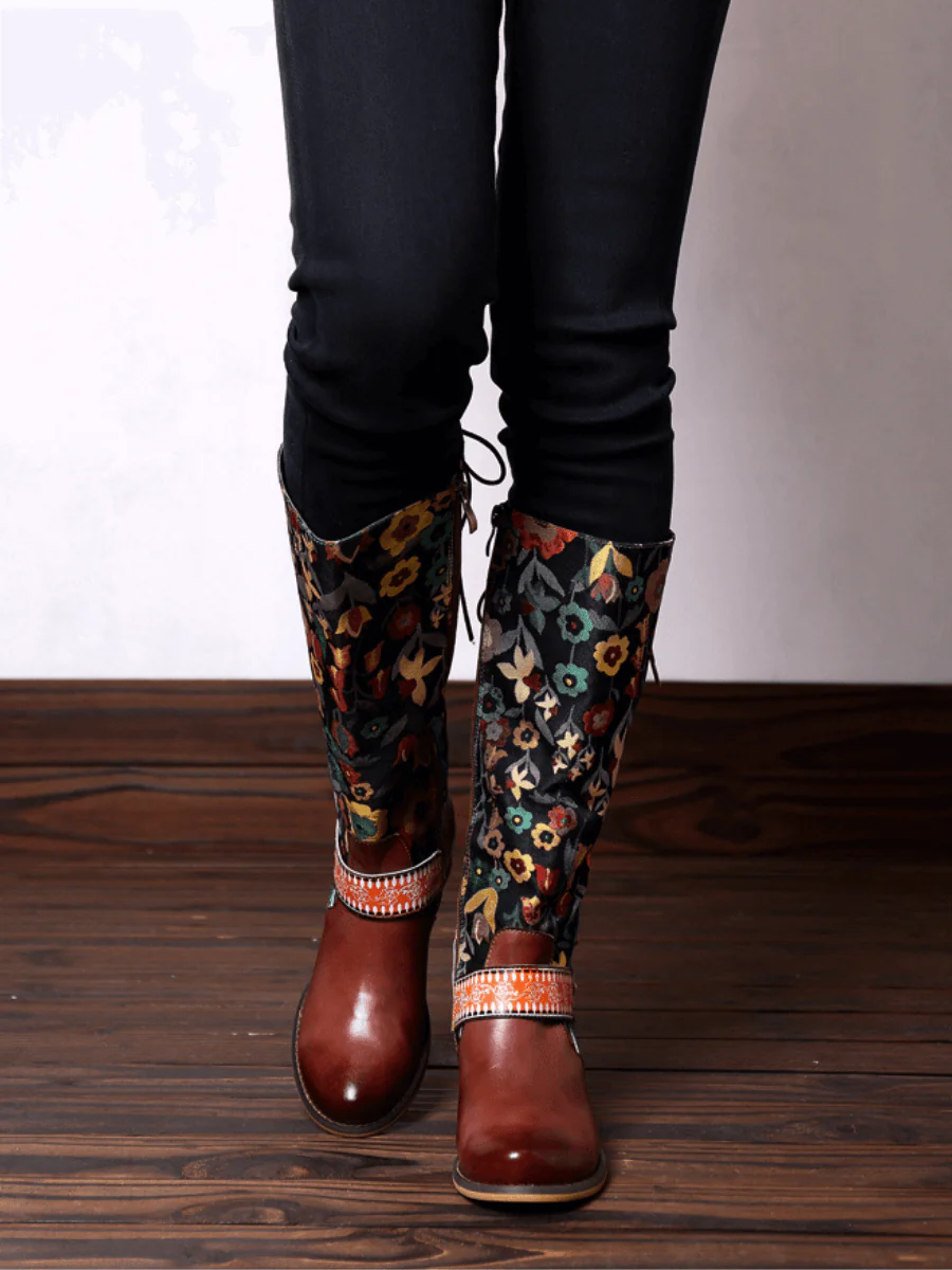 SOFFIA | Floral Tie-Accent Knee-High Leather Boots - Image 3