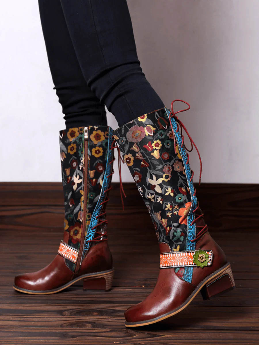 SOFFIA | Floral Tie-Accent Knee-High Leather Boots - Image 4