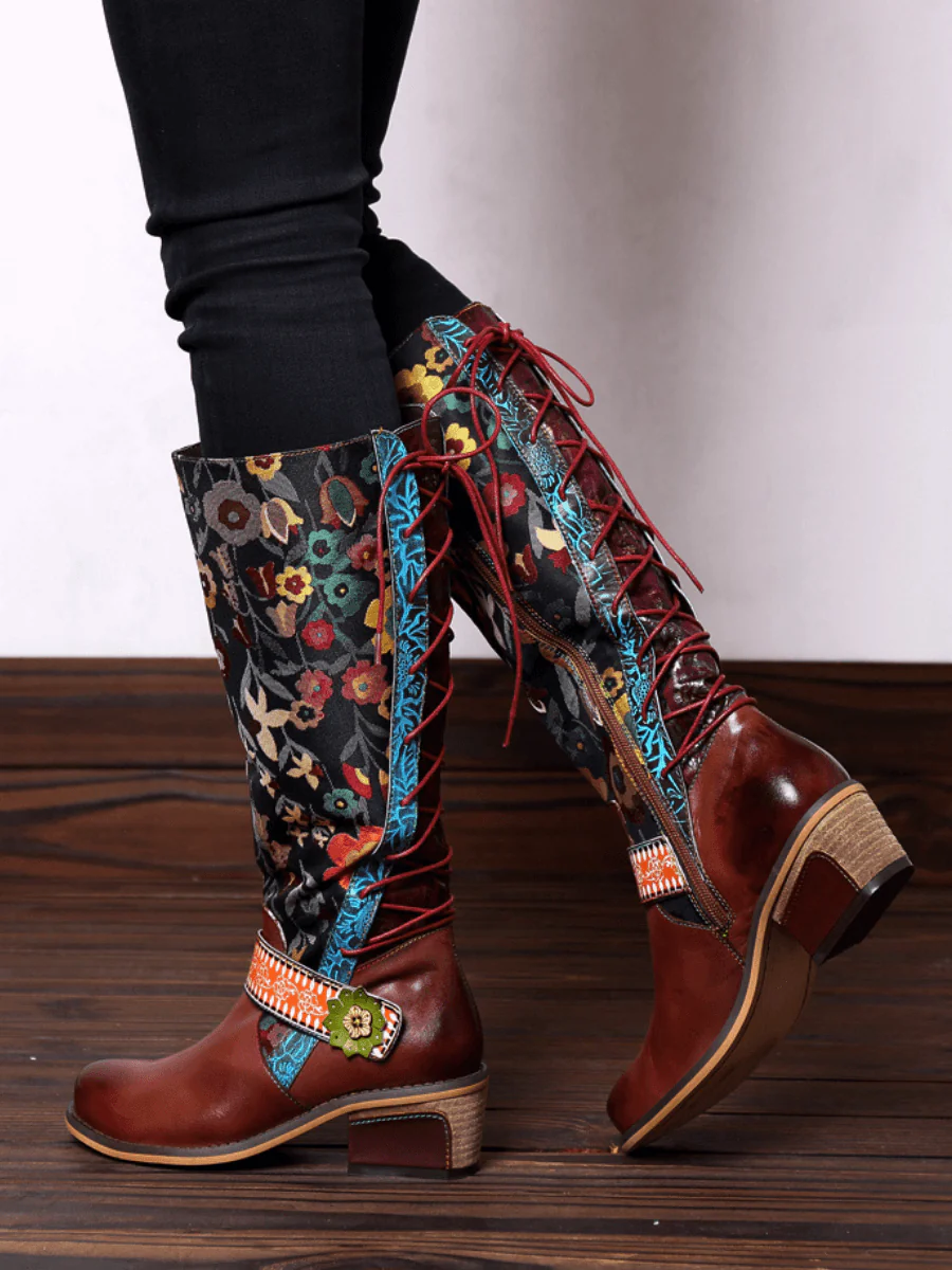 SOFFIA | Floral Tie-Accent Knee-High Leather Boots - Image 5