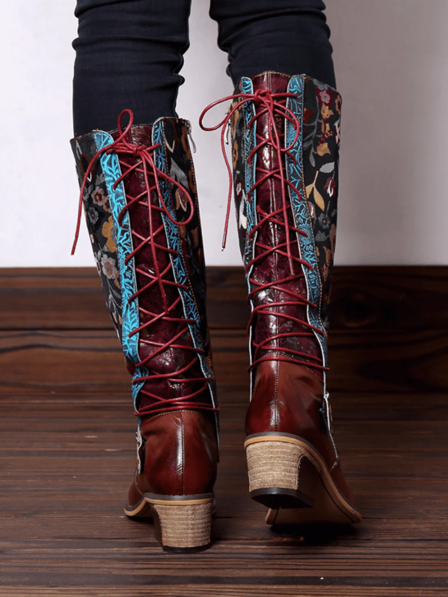 SOFFIA | Floral Tie-Accent Knee-High Leather Boots - Image 6